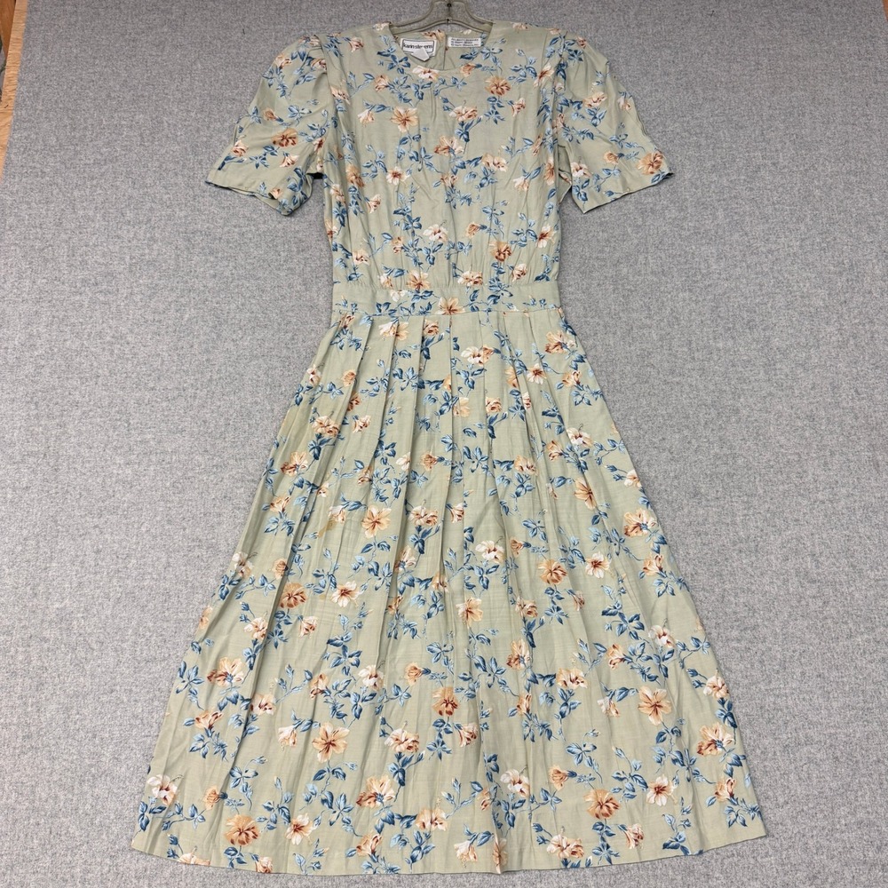 Karin Stevens Floral Midi Dress Size 12 Green Rayon Smocked Waist Vintage Floral